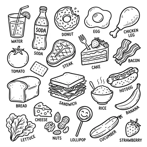 Delicious Food Doodles: Water, Snacks & More