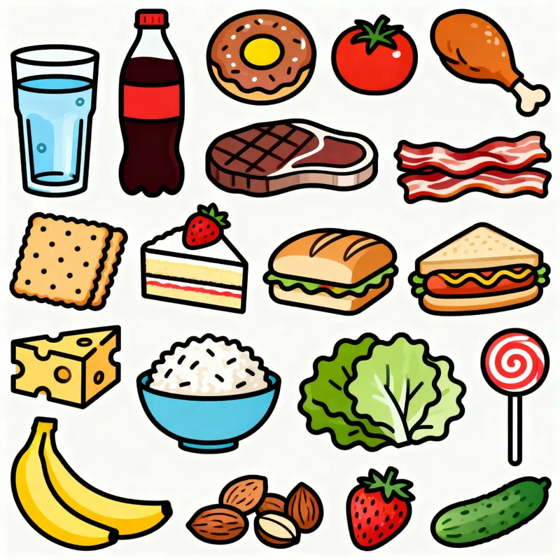 Delicious Food Doodles: Water, Snacks & More