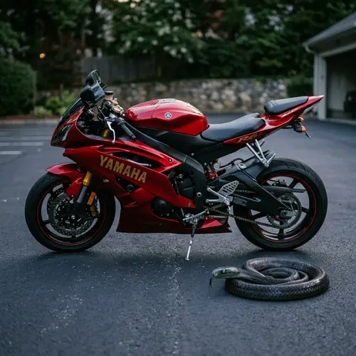 Red Yamaha R6 Motorcycle with Black Mamba Snake - Intriguing Contrast