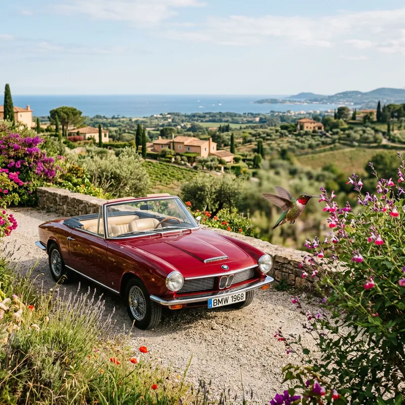 Red BMW Convertible and Vibrant Hummingbird Red BMW Convertible and Vibrant Hummingbird