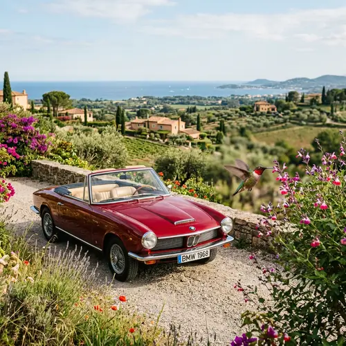 Luxurious Red BMW Convertible and Vibrant Hummingbird