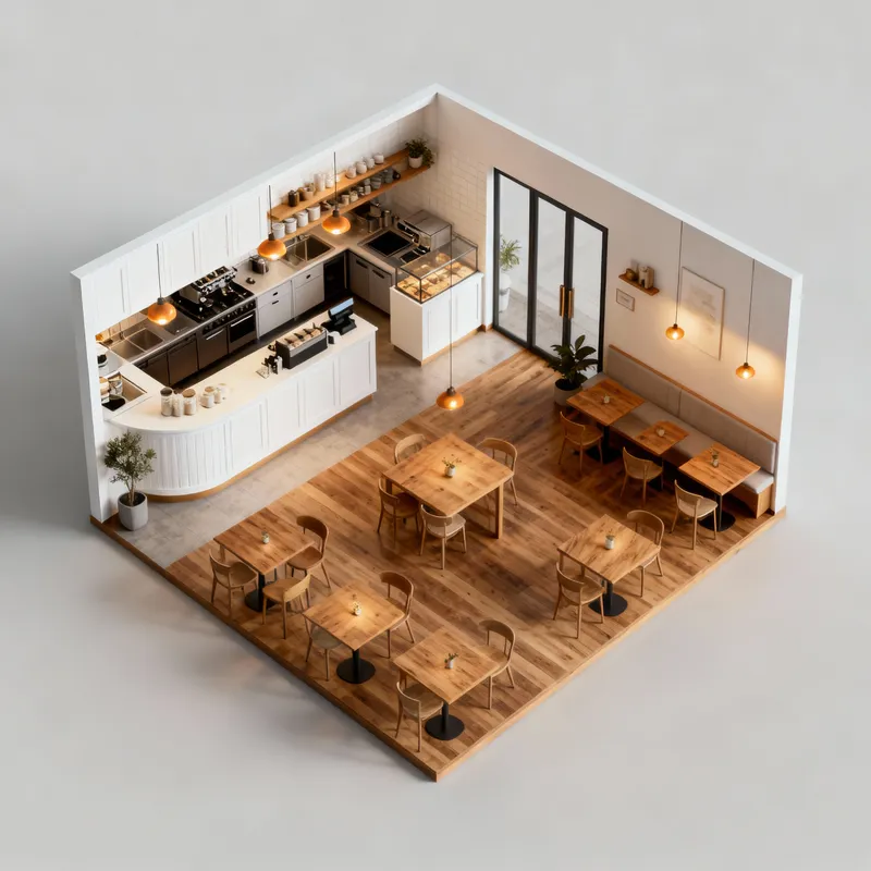 3D Design for 700 Sq Ft Café with Open Kitchen