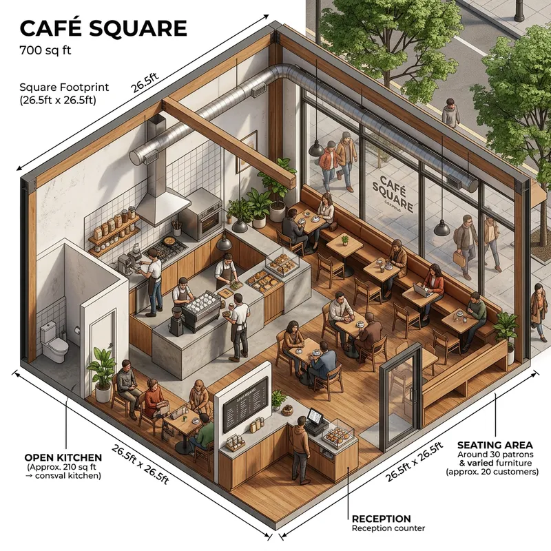 3D Design for 700 Sq Ft Café with Open Kitchen