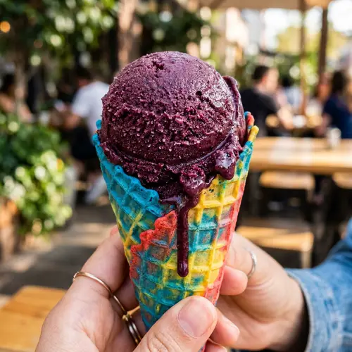 Delicious Acai-Flavored Ice Cream on Cone | Frozen Dessert Treat