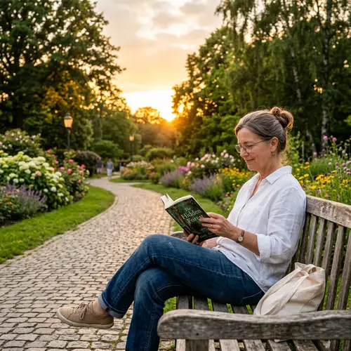 Middle-aged Woman Relaxing on Park Bench Reading Book