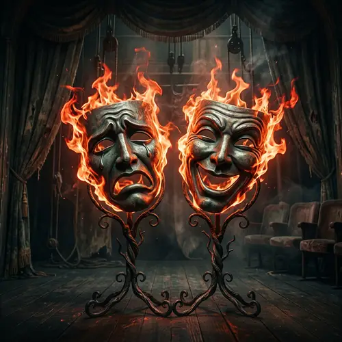 Theatre Masks: Comedy and Tragedy Embraced by Fiery Passion