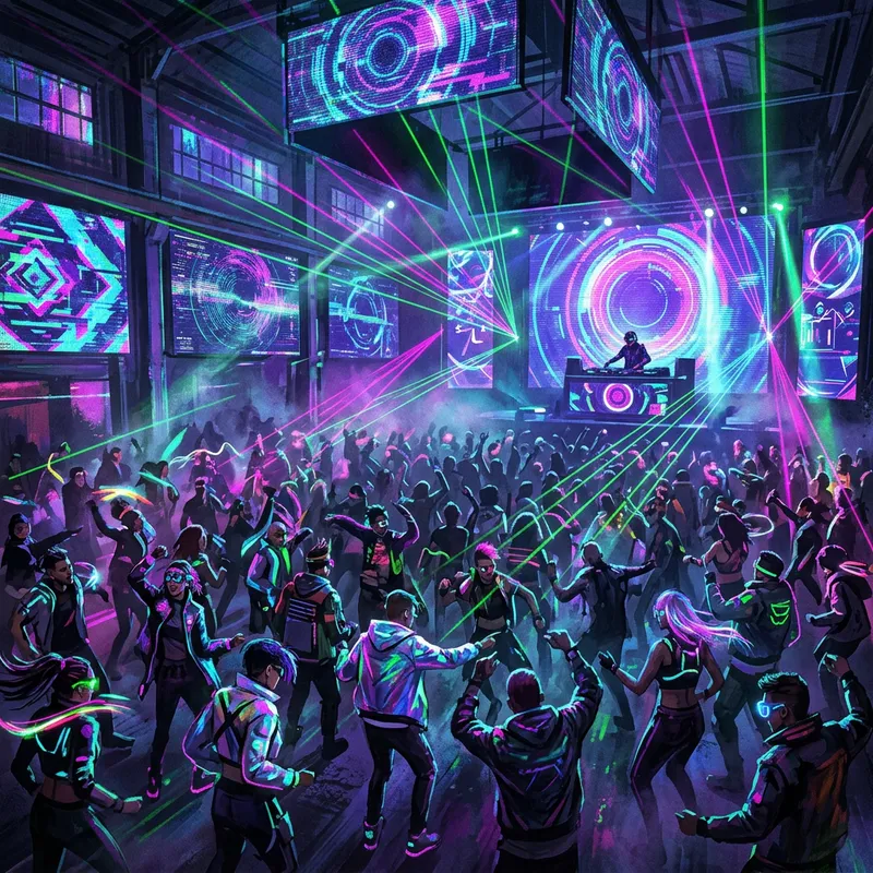 Spirited Future-Forward Techno Rave: Lively Cyberpunk Dance Party Spirited Future-Forward Techno Rave: Lively Cyberpunk Dance Party