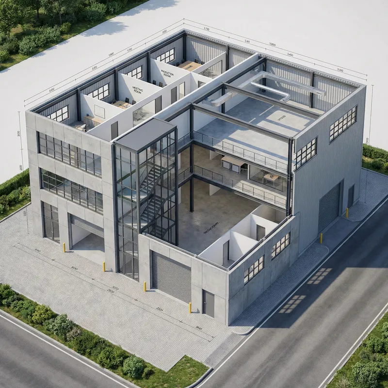 3-Level Industrial Building Floor Plan & 3D Model