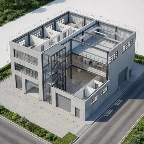 3-Level Industrial Building Floor Plan & 3D Model