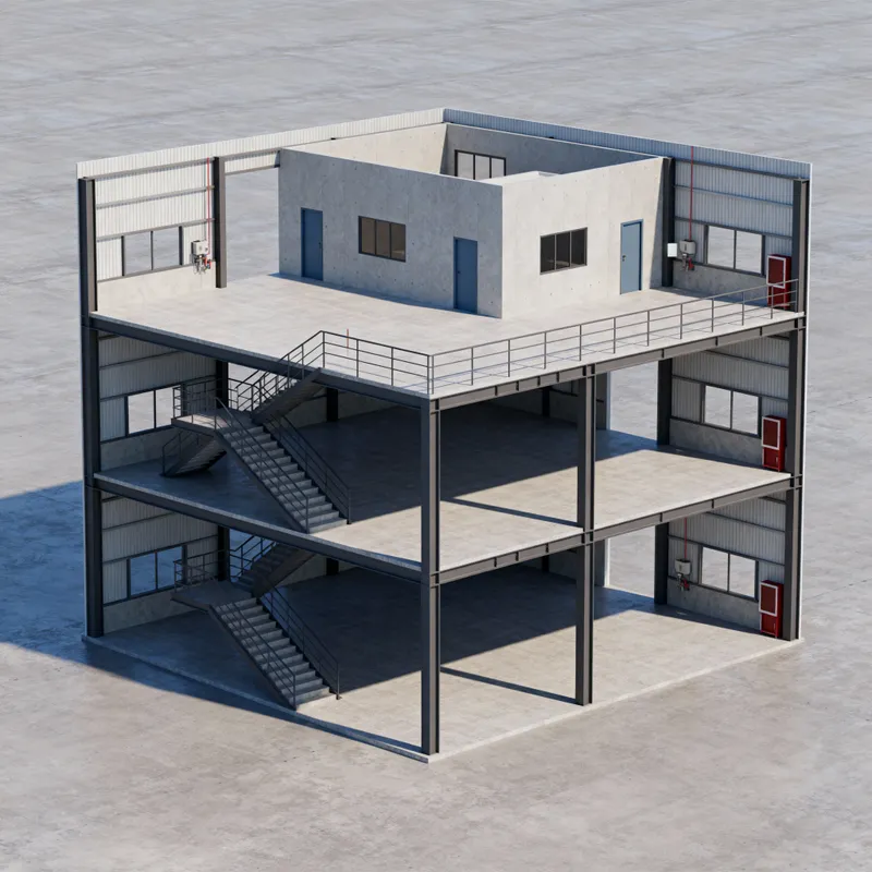 3-Level Industrial Building Floor Plan & 3D Model
