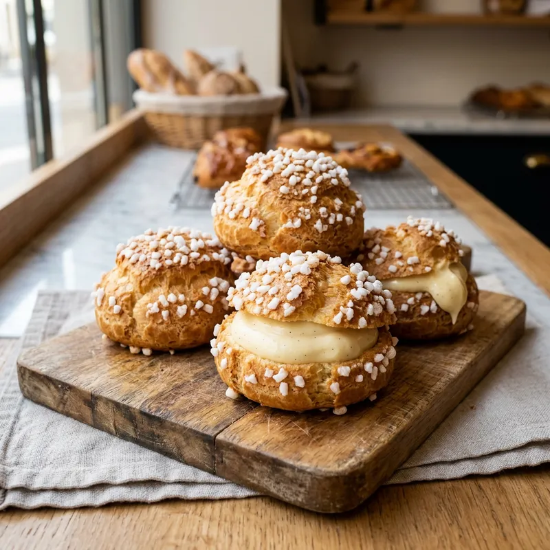 Delicious Chou Pastry with Cream and Pearl Sugar Delicious Chou Pastry with Cream and Pearl Sugar