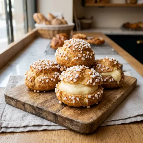 Delicious Chou Pastry with Cream and Pearl Sugar