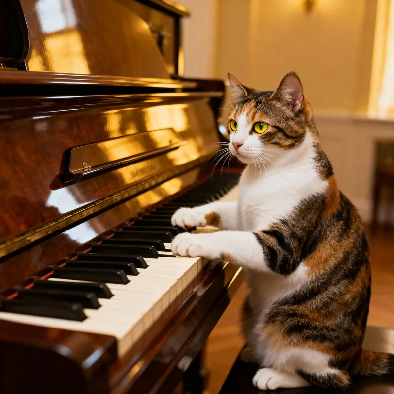 Cat Plays Grand Piano: A Joyful Melodic Scene Cat Plays Grand Piano: A Joyful Melodic Scene
