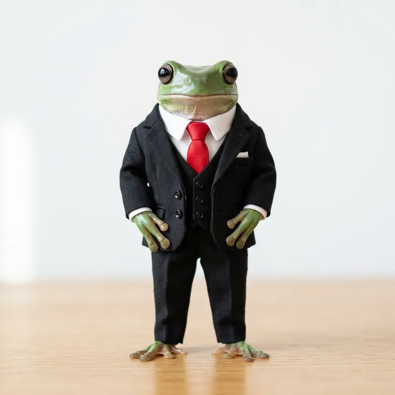 Elegant Black Suit Red Frog: Radiating Charm and Elegance