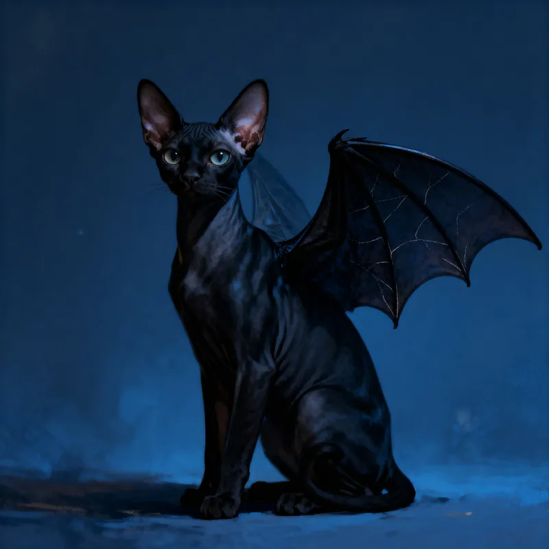 Oriental Black Cat with Bat-Like Wings