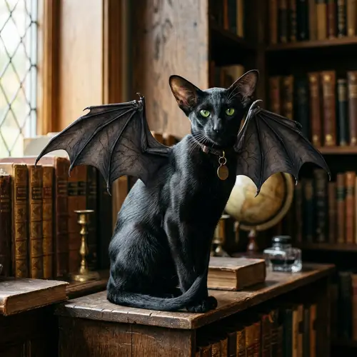 Oriental Black Cat with Bat-Like Wings