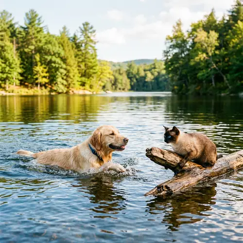 Dog and Cat Swimming in Serene Lake