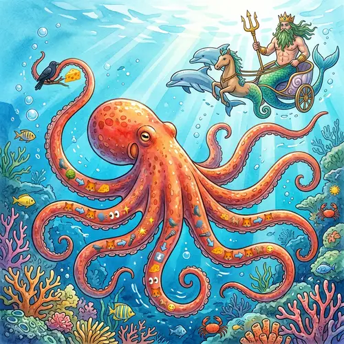 Underwater Octopus Illustration with Fox and Crow Fable Emojis