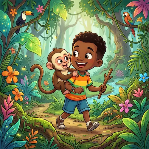 African Boy & Playful Monkey in Lush Jungle | Kids Cartoon