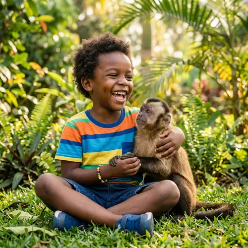 Young Boy with Playful Monkey - Joyful Friendship Moment