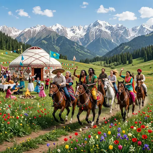 Kazakh White Yurt in Meadow of Flowers - Spring Celebration