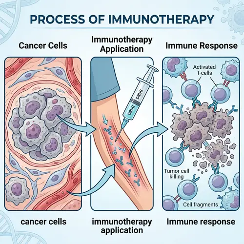 Immunotherapy Process Diagram with Cancer Cells and Immune Response