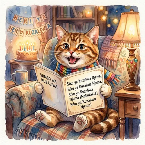 Lovable Tabby Cat Singing 'Happy Birthday' in Swahili - Watercolor Painting