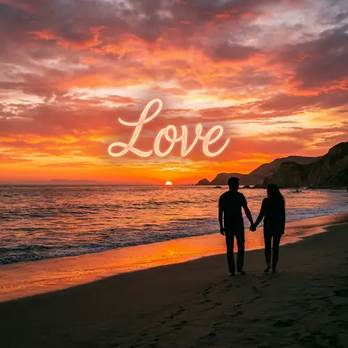 Romantic Sunset Scene with Glowing Love Word in the Air