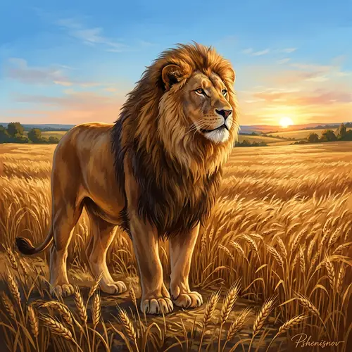 Majestic Lion in Wheat Field | Wildlife Illustration