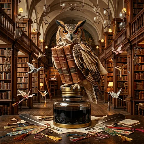 Surrealist Library with Book-Owl and Flying Bookmarks