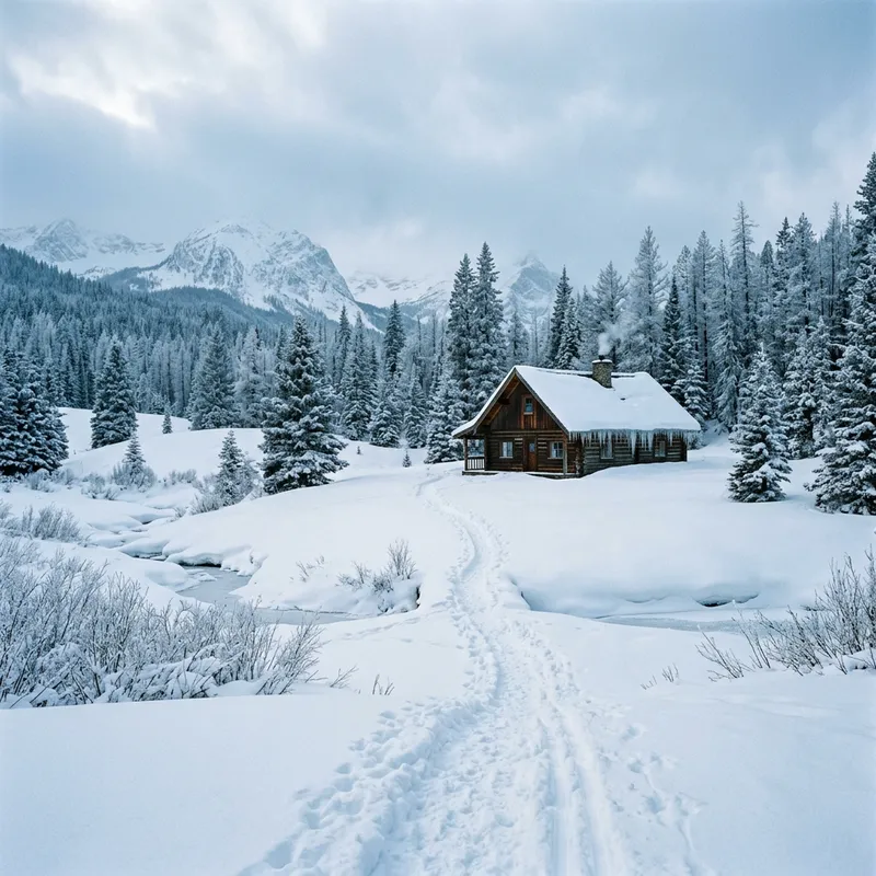 Tranquil Winter Scene of Solitary Cabin Amongst Icy Serenity