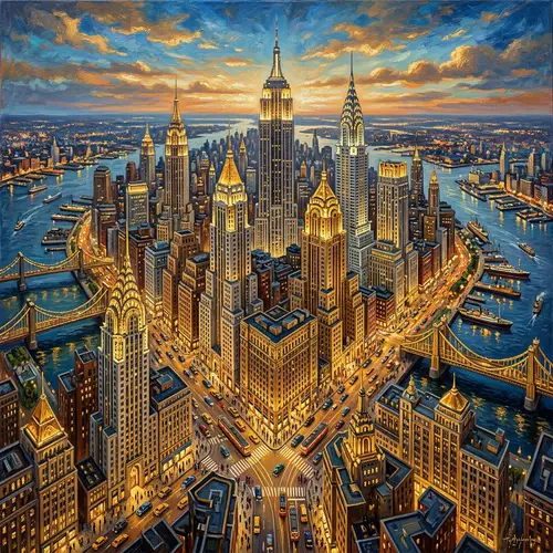 Glamorous Art Deco Cityscape in Gold | Aerial View Oil Painting