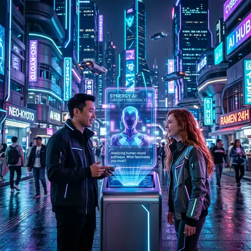 Futuristic Sci-Fi Chatbot Interaction in Cyberpunk Setting