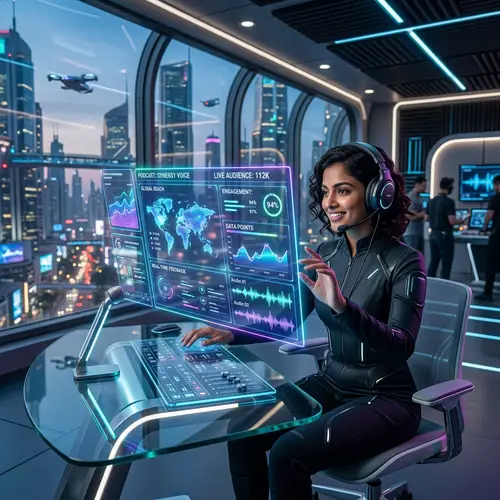 Futuristic South Asian Female Podcaster in Innovative Tech Setup