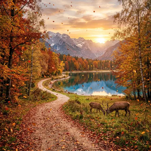 Autumn Landscape | Multi-Colored Leaves, Azure Lake, Serene Ambiance
