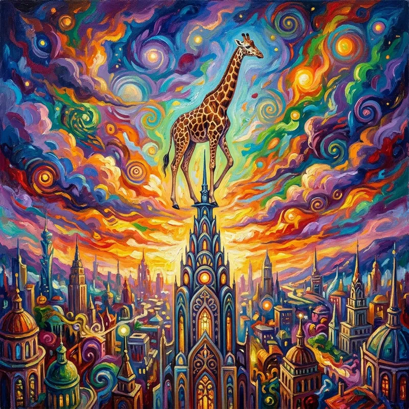 Majestic Giraffe in Urban Landscape - Surreal Artwork View