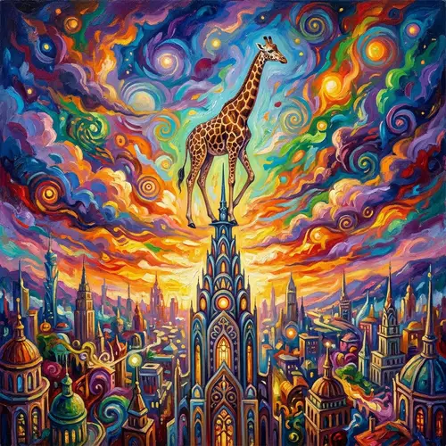 Surreal Giraffe Urban Fantasy - Vibrant Skyscraper Art