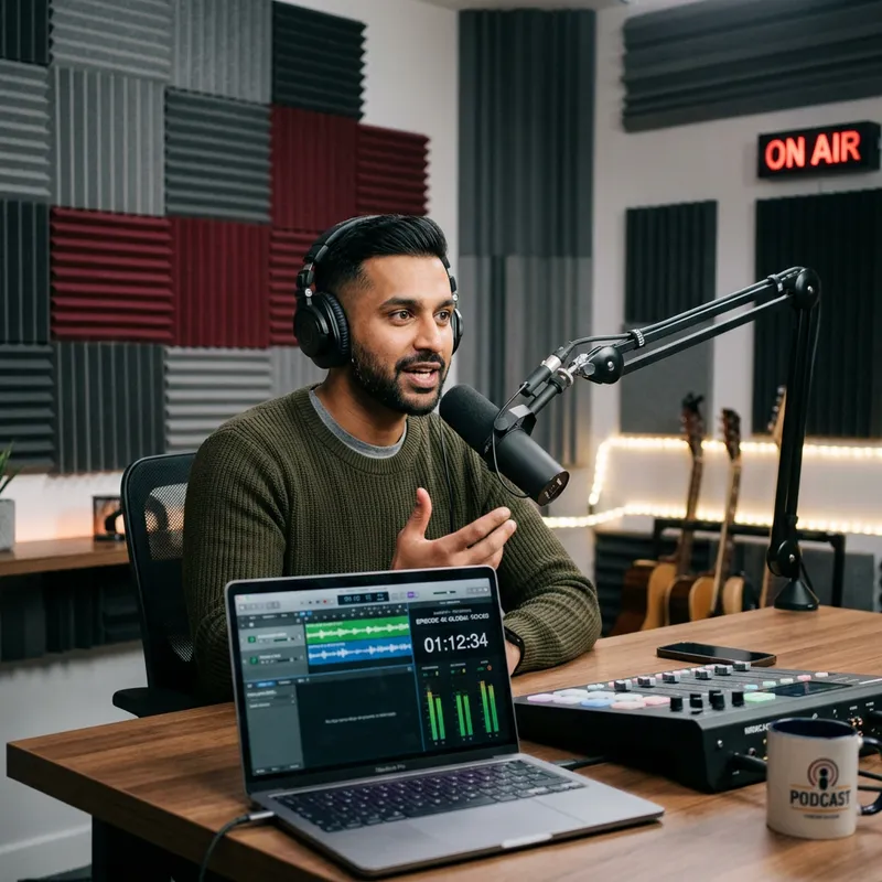 Authentic South Asian Male Podcaster Engaging with Global Audience