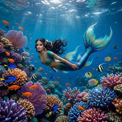 Mystical Middle-Eastern Mermaid Gliding Underwater