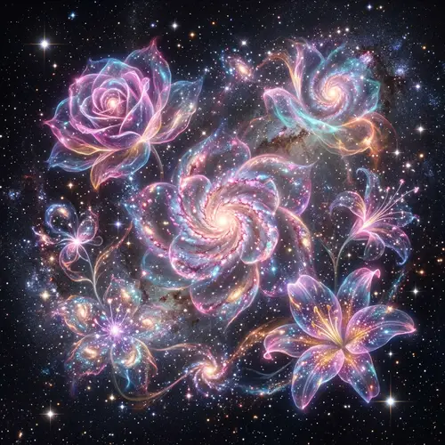 Spring-Themed Cosmic Scene: Galaxies as Floral Patterns
