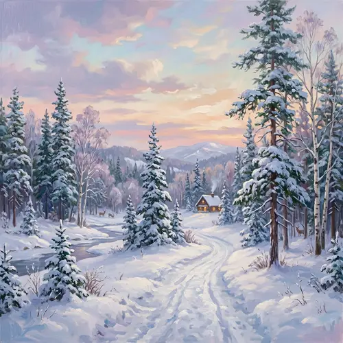 Tranquil Snow-Covered Forest at Dusk in Soft Pastel Colors