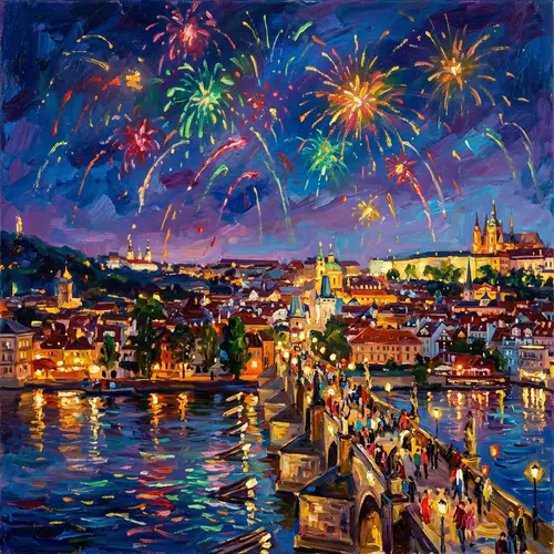 Festive Cityscape with Fireworks - Impressionist Style Celebration