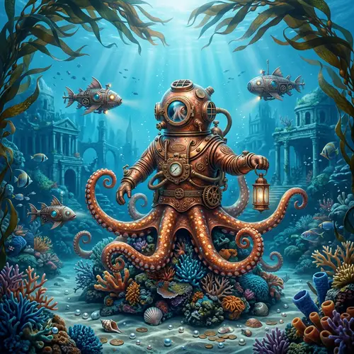 Surreal Underwater Landscape with Diving Suit Octopus
