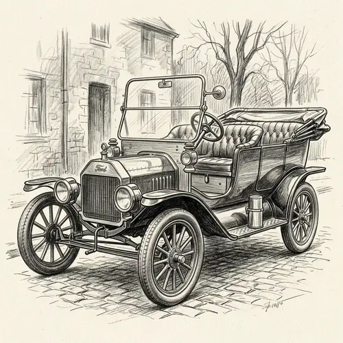 Stunning Black and White Antique Car Sketch