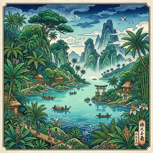 Tropical Paradise in Ukiyo-e Style: Serene Tranquility