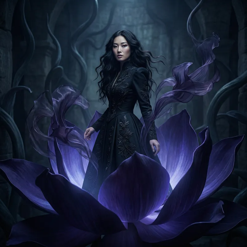 Ethereal Dark Fashion: Asian Lady in Bioluminescent Flower Ethereal Dark Fashion: Asian Lady in Bioluminescent Flower