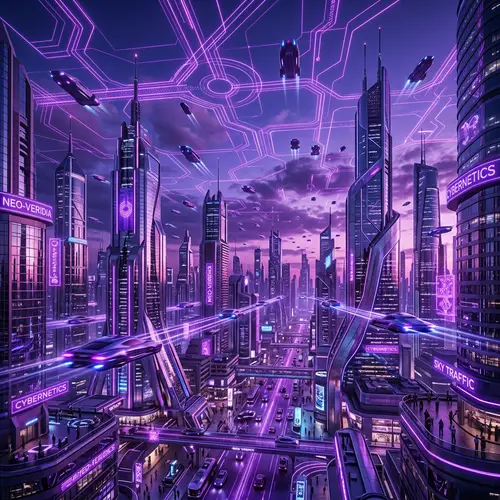 Future Twilight Cityscape with Glowing Purple Neon Lights