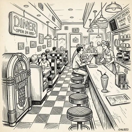 Retro Diner Interior Sketch in Black and White