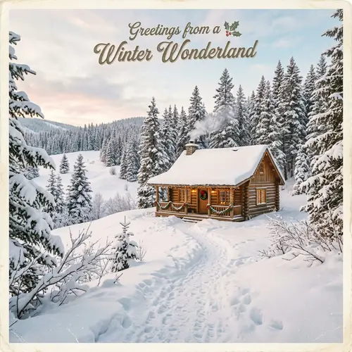 Vintage Winter Cabin Postcard Scene | Snowy Landscape Photo