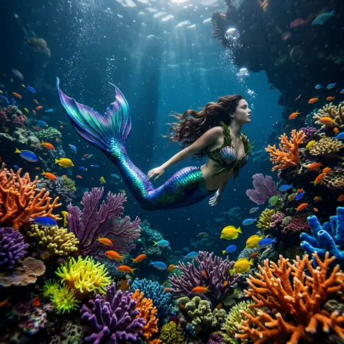 Surreal Underwater Mermaid Scene with Colorful Fish and Coral